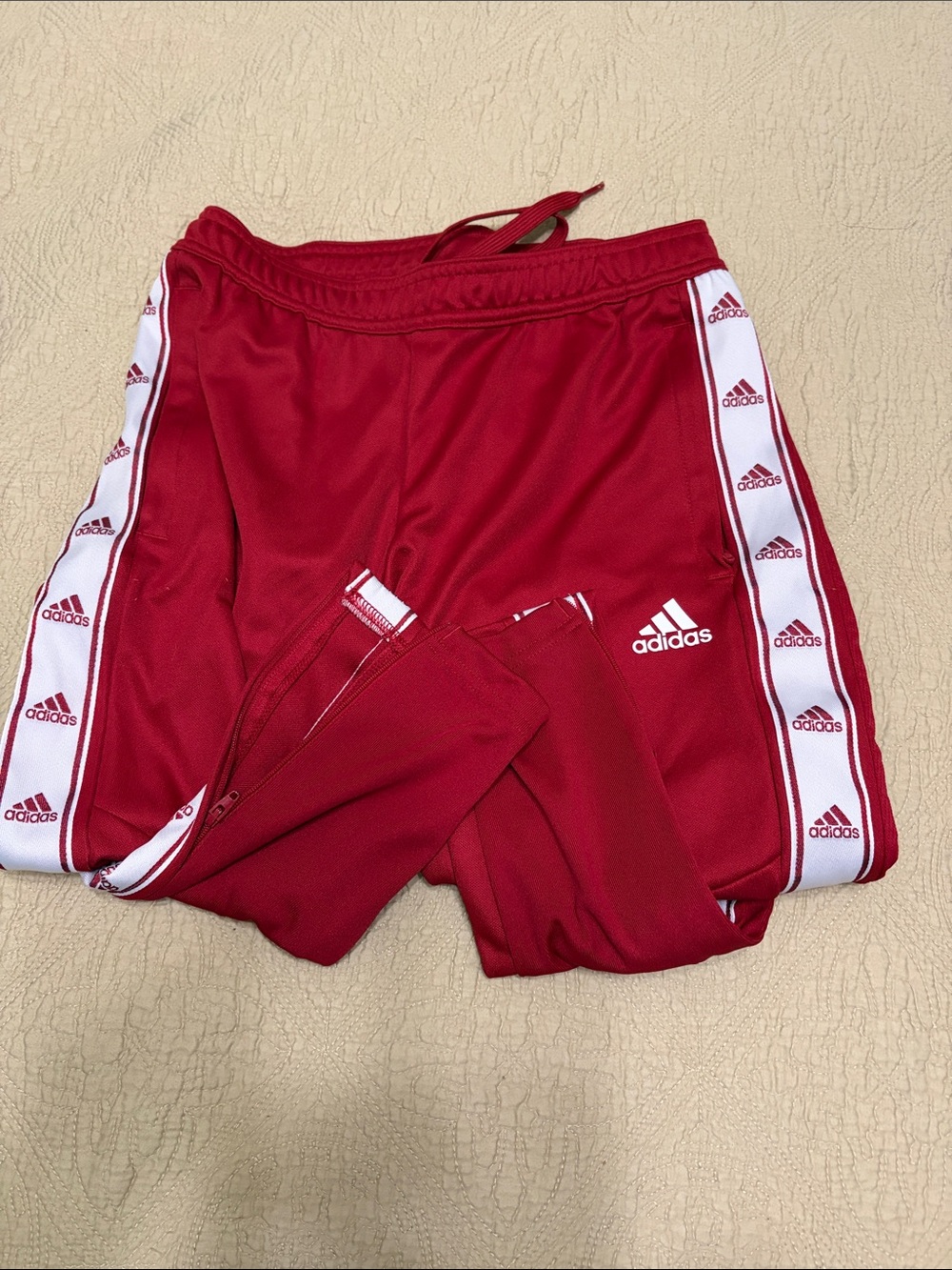 adidas Red Track Joggers with White Logo Tape